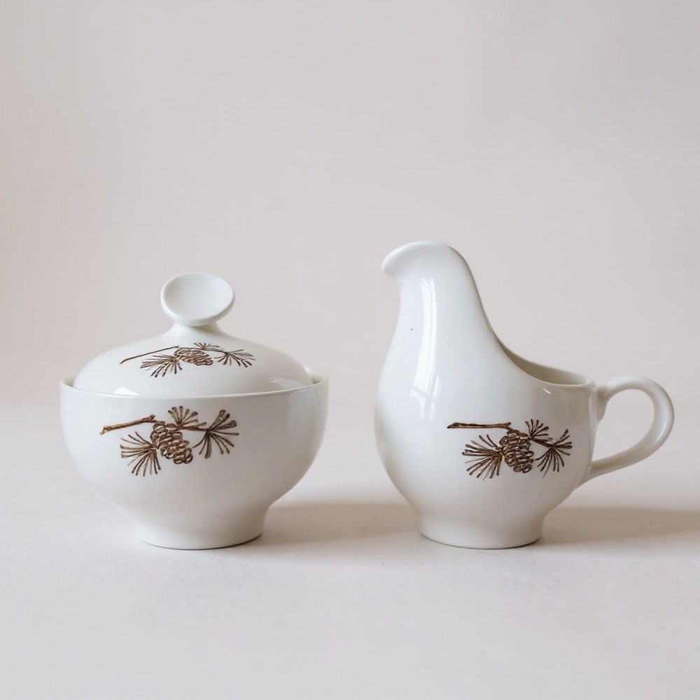 Vintage 50s Stetson Marcrest Misty Pine Cone Creamer Sugar Bowl Set Mid Century